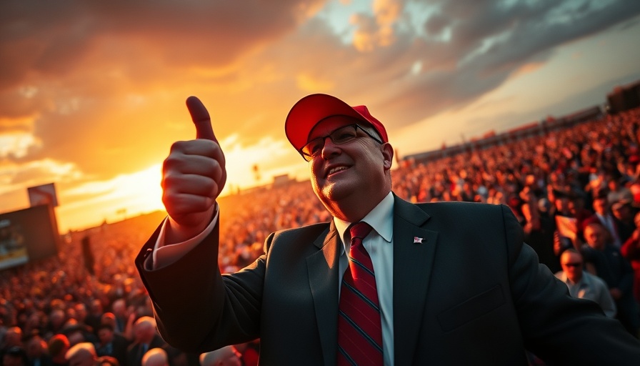One big beautiful bill rally scene with a man in a suit and red cap.