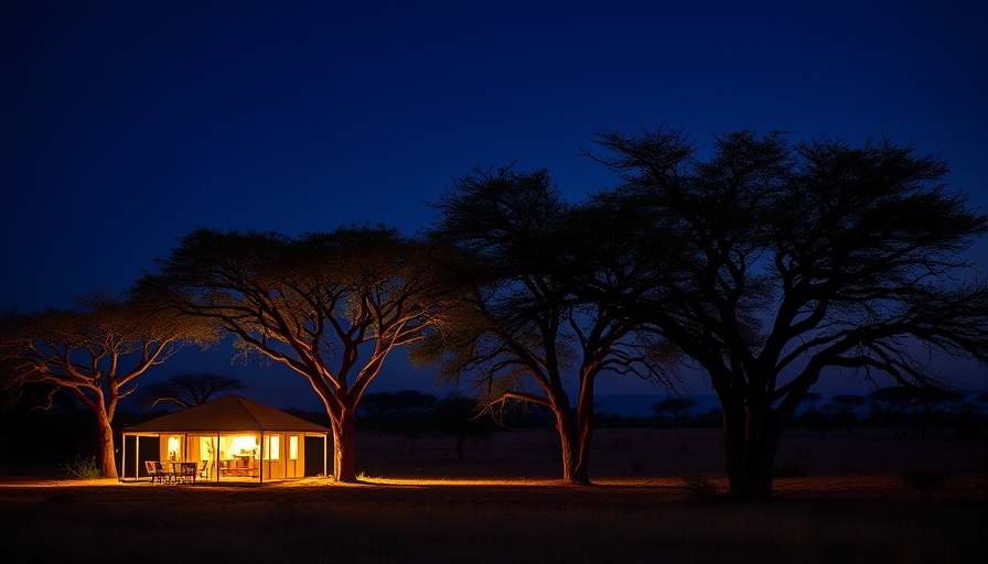 Budget safari lodge with tents under starry sky in Kenya or Tanzania.