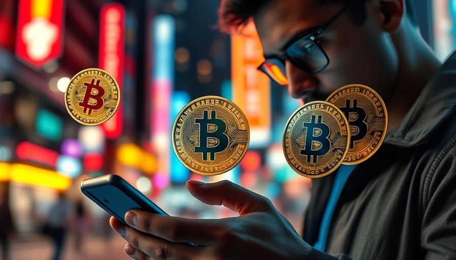 Person using smartphone with Bitcoin symbols at night, public companies buying Bitcoin.