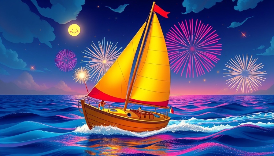 Animated scene of sailboat with fireworks and smiling sun.