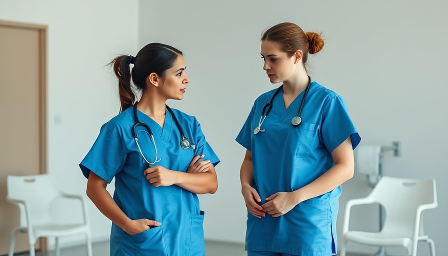 Two caregivers discussing Germany's immigration process in a clinical setting.