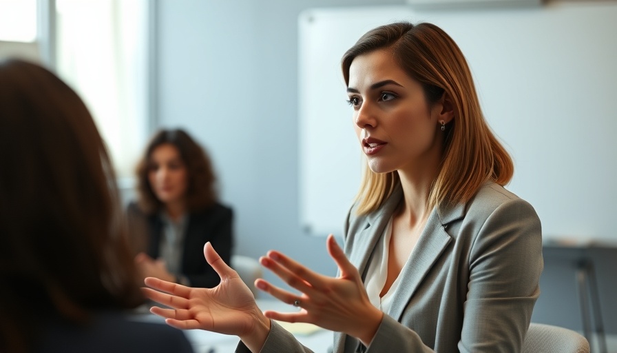 Professional woman discussing ideas, promoting productivity and goal setting.