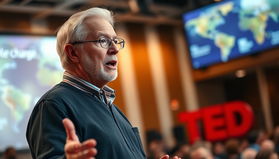 Elderly man discussing climate action and realism at TED Talk.