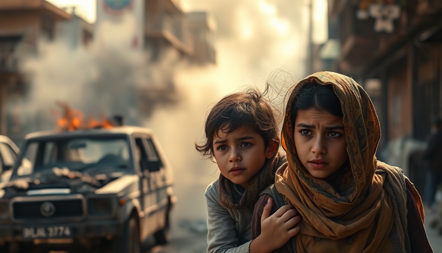 Worried civilians in Gaza conflict, burnt car nearby.