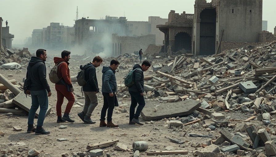 Somber group surveying Gaza war-torn landscape, highlighting crisis.