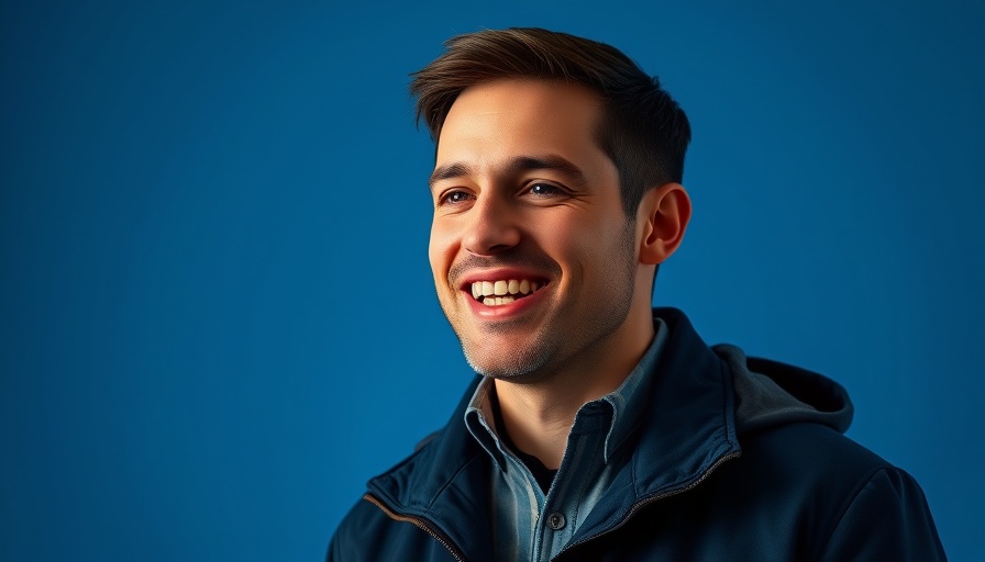 Confident speaker with blue backdrop, the sky is your canvas theme.