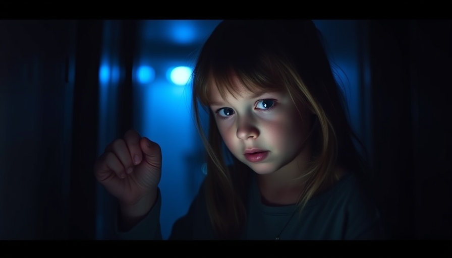 Cautious girl exploring dimly lit room with flashlight in dramatic scene.