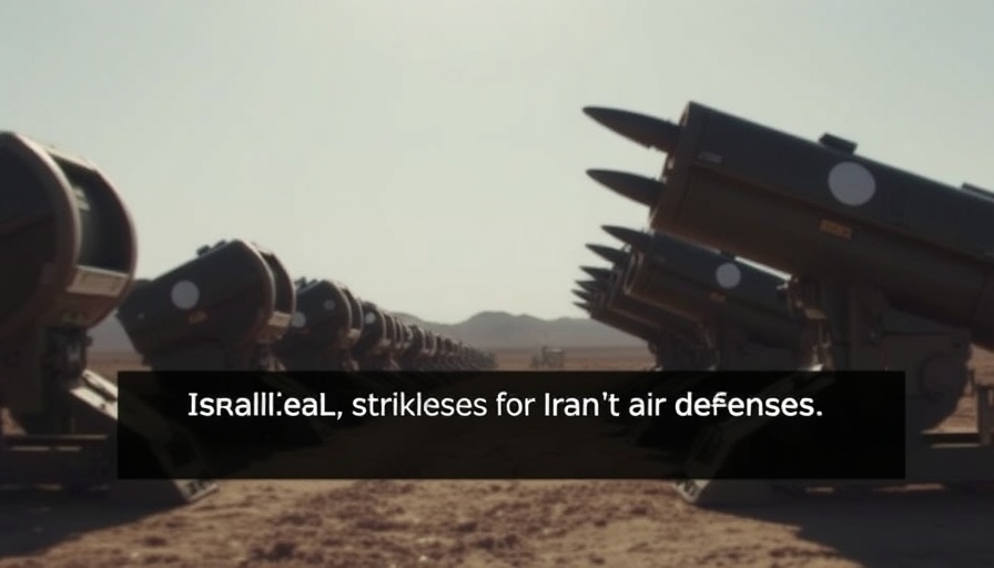 Israeli strikes on Iran's air defenses illustrated with military equipment and text overlay.