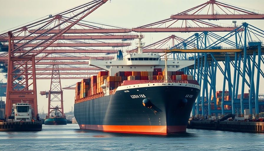 Cargo ship at shipyard with cranes and logistics operations.