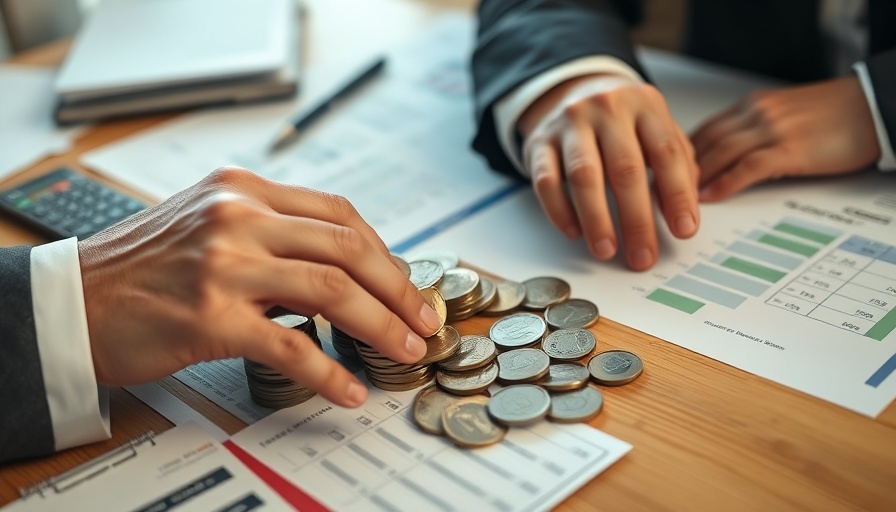 Close-up of hands using a calculator with coins on desk, South Africans rely on personal loans.