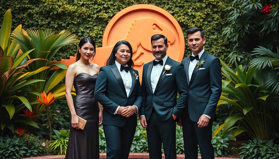 Cast at Jurassic World Rebirth event amid garden setting.