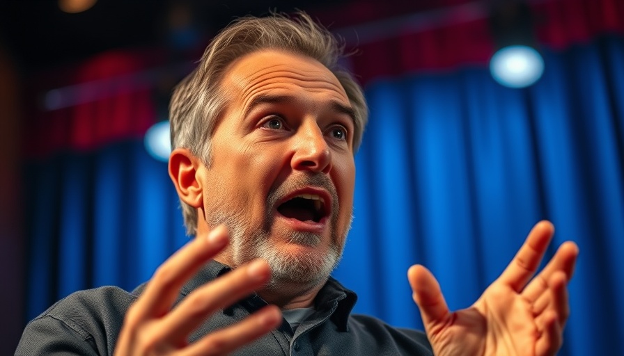 Middle-aged man speaking passionately about climate realism on a vibrant stage.