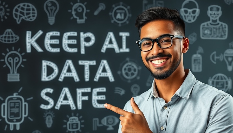 Smiling individual promoting data safety in AI with chalkboard background.