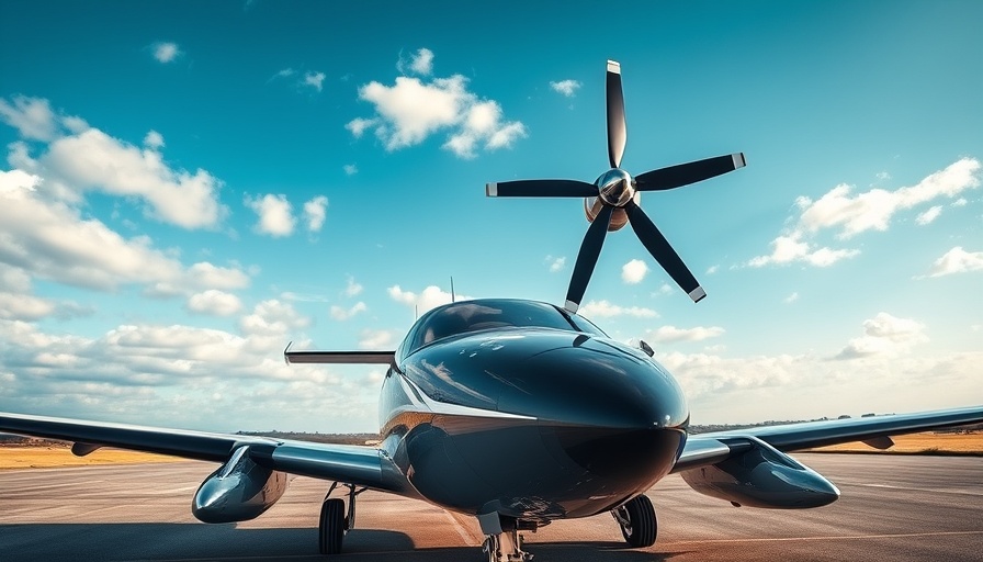 Sleek aircraft with Silent-7 propellers on airfield, bright sky.