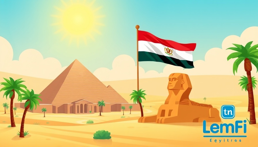 Cartoon of Egyptian pyramids with LemFi logo, bright sun and flag.