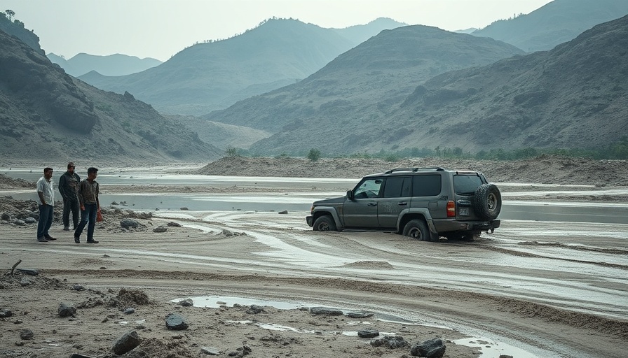 Flooded area in Nepal-China with stranded vehicle and onlookers