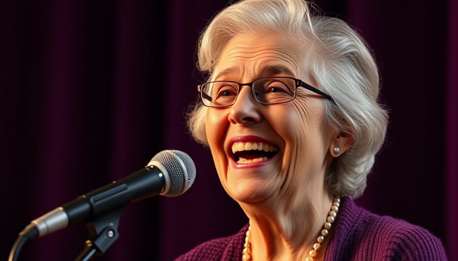 Joyful woman speaking into microphone against a purple backdrop.