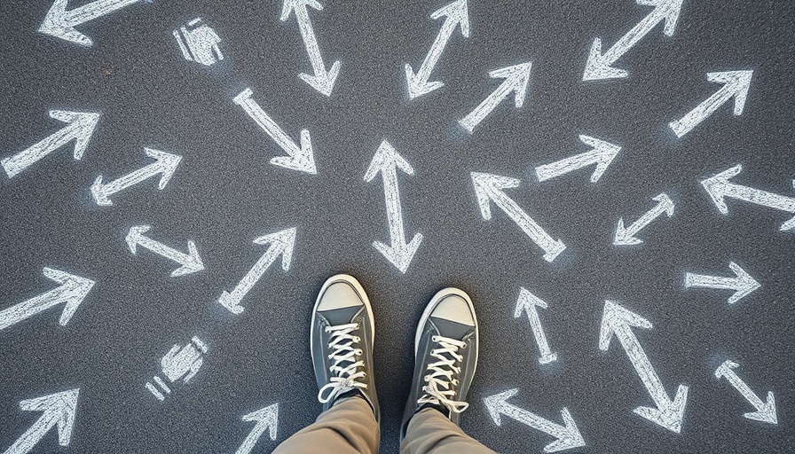 Overhead view of sneakers on pavement with chalk arrows symbolizing decision-making.