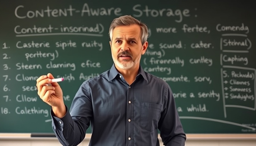 Content-Aware Storage explained by a mature man in front of a blackboard.