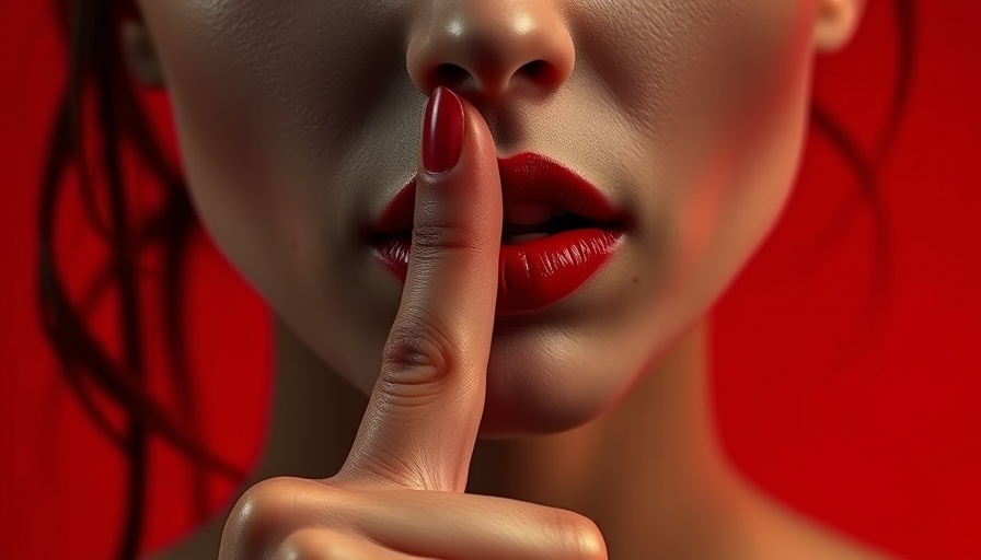 Close-up woman with red lipstick and finger on lips signaling silence.