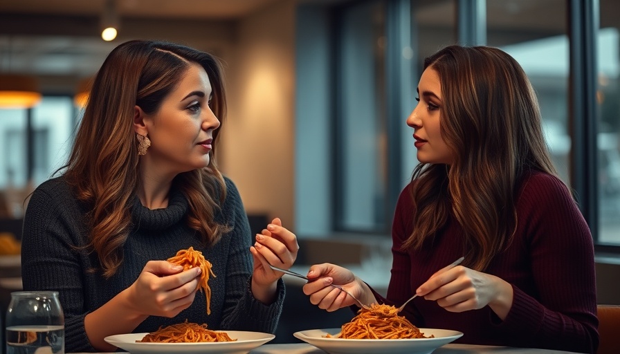 Two women discussing with spaghetti eating contest text, AI creation tools.