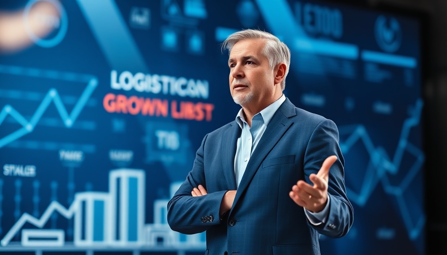 Professional speaker discussing growth in logistics, blue-themed background.