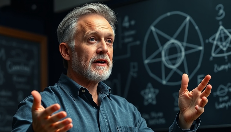 Middle-aged man explaining quantum concepts, educational setting.