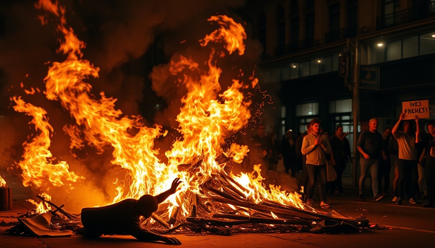 Protesters burn effigy over Trump's 50% tariffs, intense night scene.