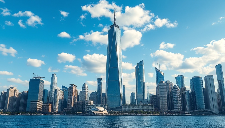 AI future urban skyline with towering skyscrapers in 2030