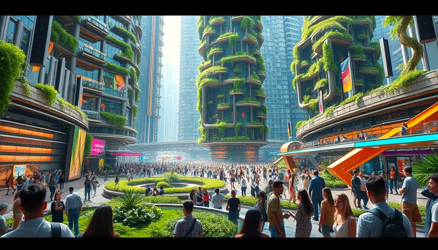 Futuristic cityscape representing AI future with people and greenery.