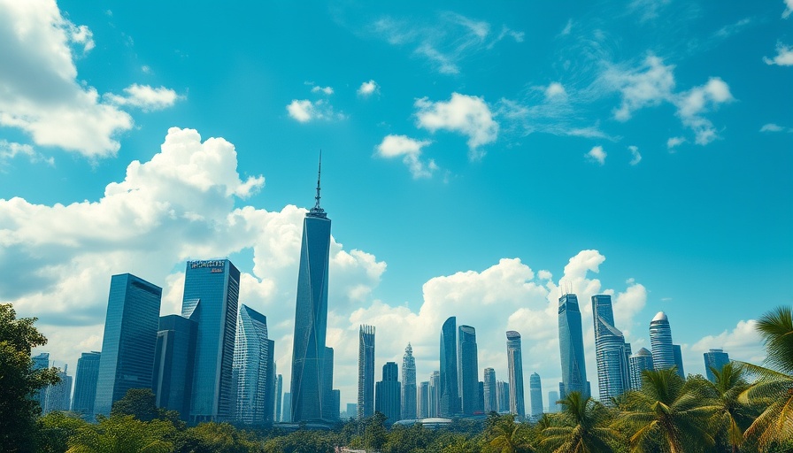 AI future skyline with futuristic skyscrapers and greenery.