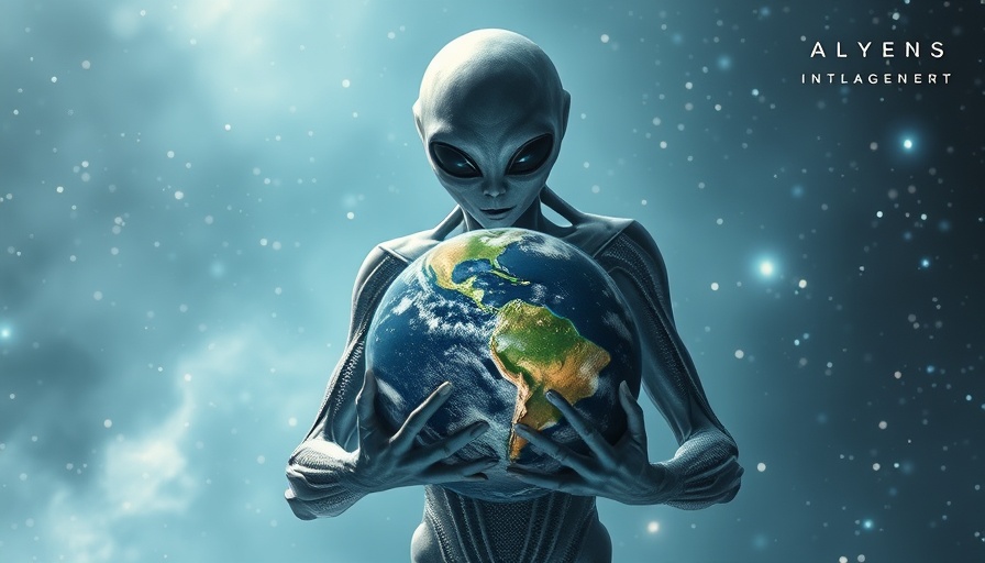 Futuristic alien holding Earth in a cosmic sci-fi setting
