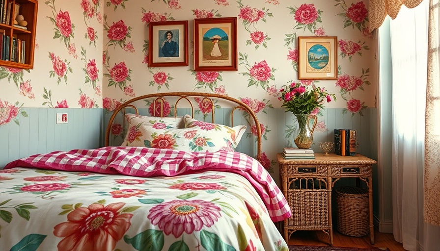 Cozy vintage bedroom with vibrant bedding and floral wallpaper for investors.