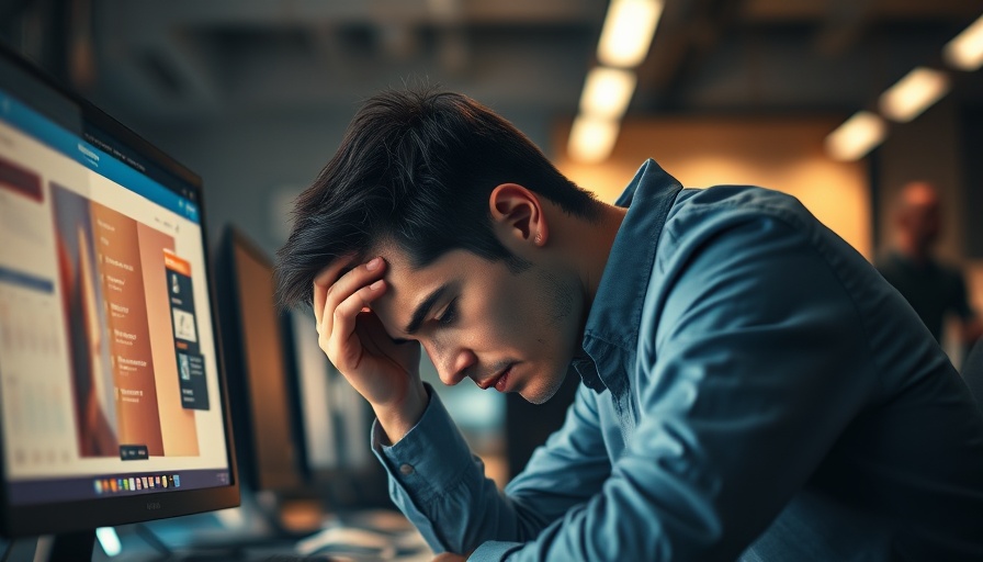 Exhausted young man resting at desk in dimly lit office.