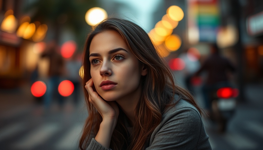 Contemplative young woman reflecting amid city lights, maladaptive daydreaming.