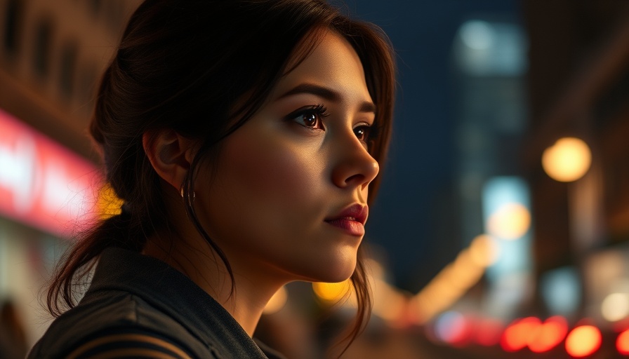 Young woman, deep in thought, urban setting with blurred lights.