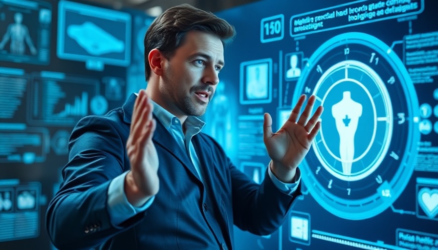 Man engages with Google Medical AI holographic interface.