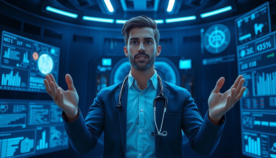 Animated figure presenting AI medical technology in a futuristic digital setting.