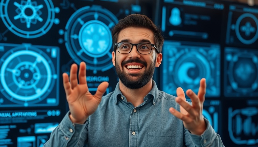 Man excitedly explains Google medical AI transformation in digital backdrop.