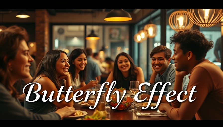 Group dining with text on butterfly effect and productivity in warm lighting.