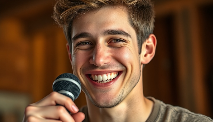 Smiling man holding microphone, casual interior