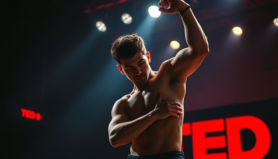Dancer performing in contrasting light and shadow at TED stage.