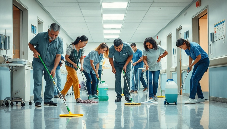 People cleaning hospital floor, highlighting Gaza food crisis impact.