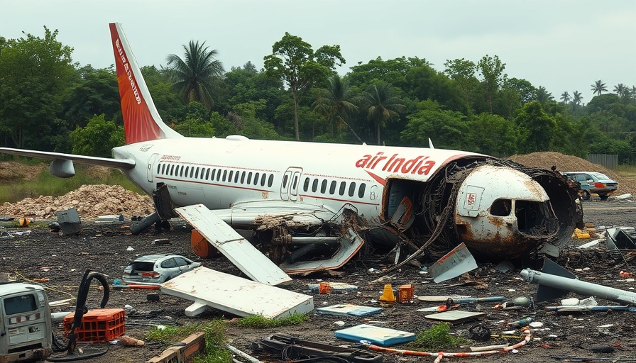 Air India crash investigation scene with wreckage in greenery.