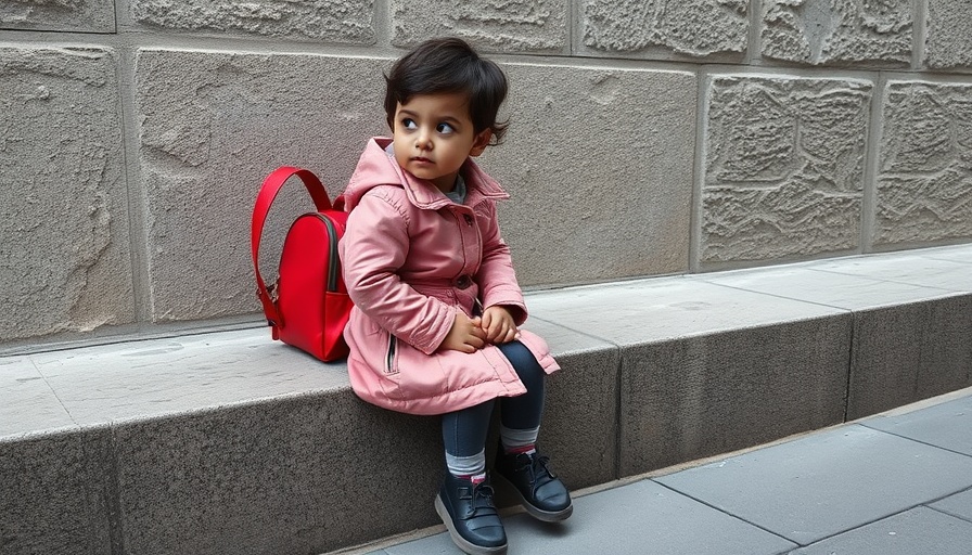 Contemplative child with red backpack on urban street, school choice confusion.
