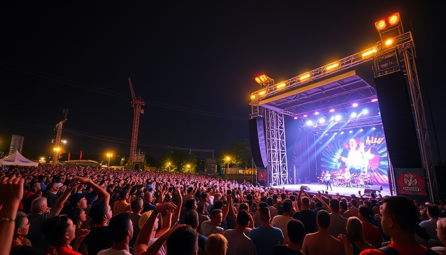 Concert stage lights and crowd at night.