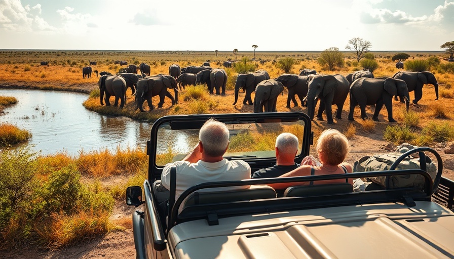 Safari jeep with seniors observing elephants in Botswana