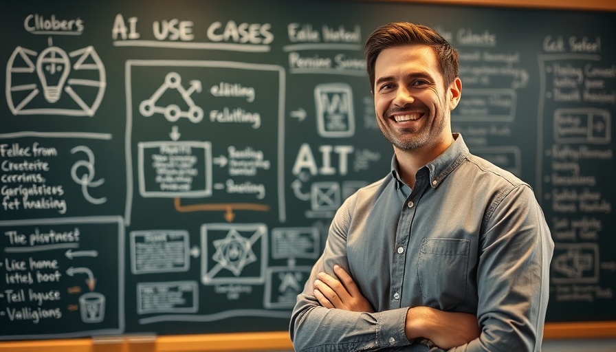 AI agents use cases discussed by a smiling man in front of a chalkboard.