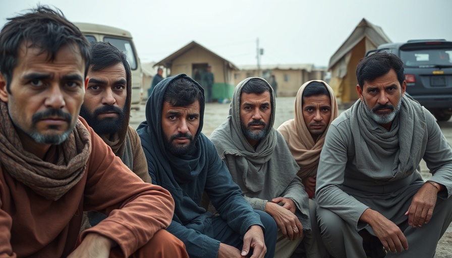 Afghan refugees deported to Taliban control, gathered outdoors near relief tents and vehicles.
