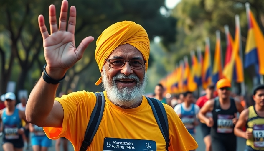 World’s oldest marathon runner in yellow turban, joyfully raising hand.